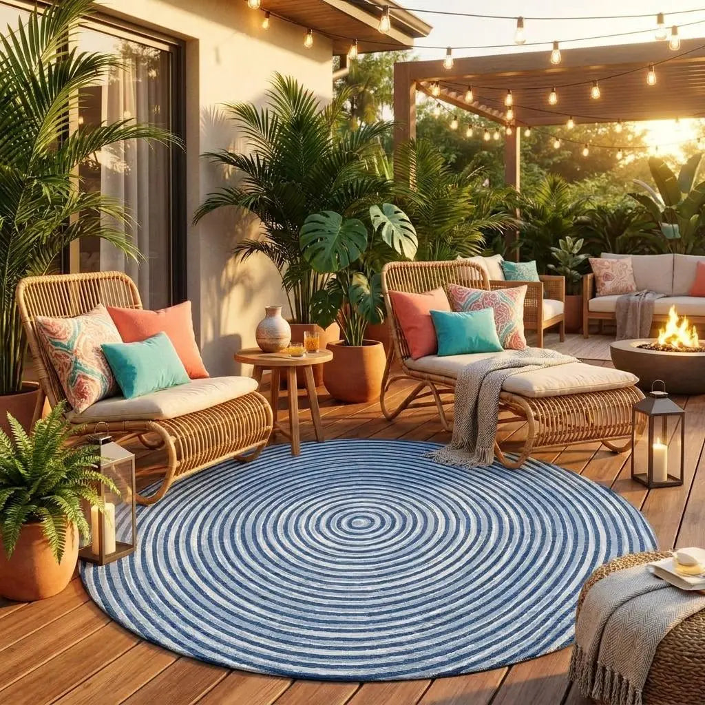 8' Navy Blue And Ivory Round Geometric Washable Indoor Outdoor Area Rug Homeroots Outdoor