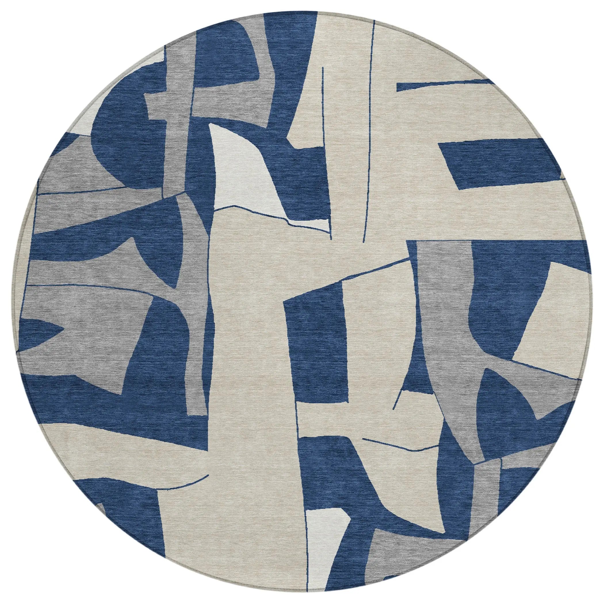 8' Navy Blue And Ivory Round Geometric Washable Indoor Outdoor Area Rug Homeroots Outdoor