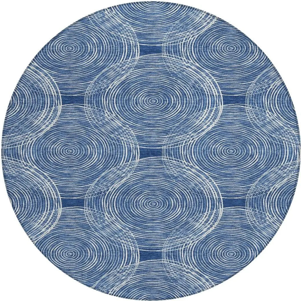 8' Navy Blue And Ivory Round Geometric Washable Indoor Outdoor Area Rug Homeroots Outdoor