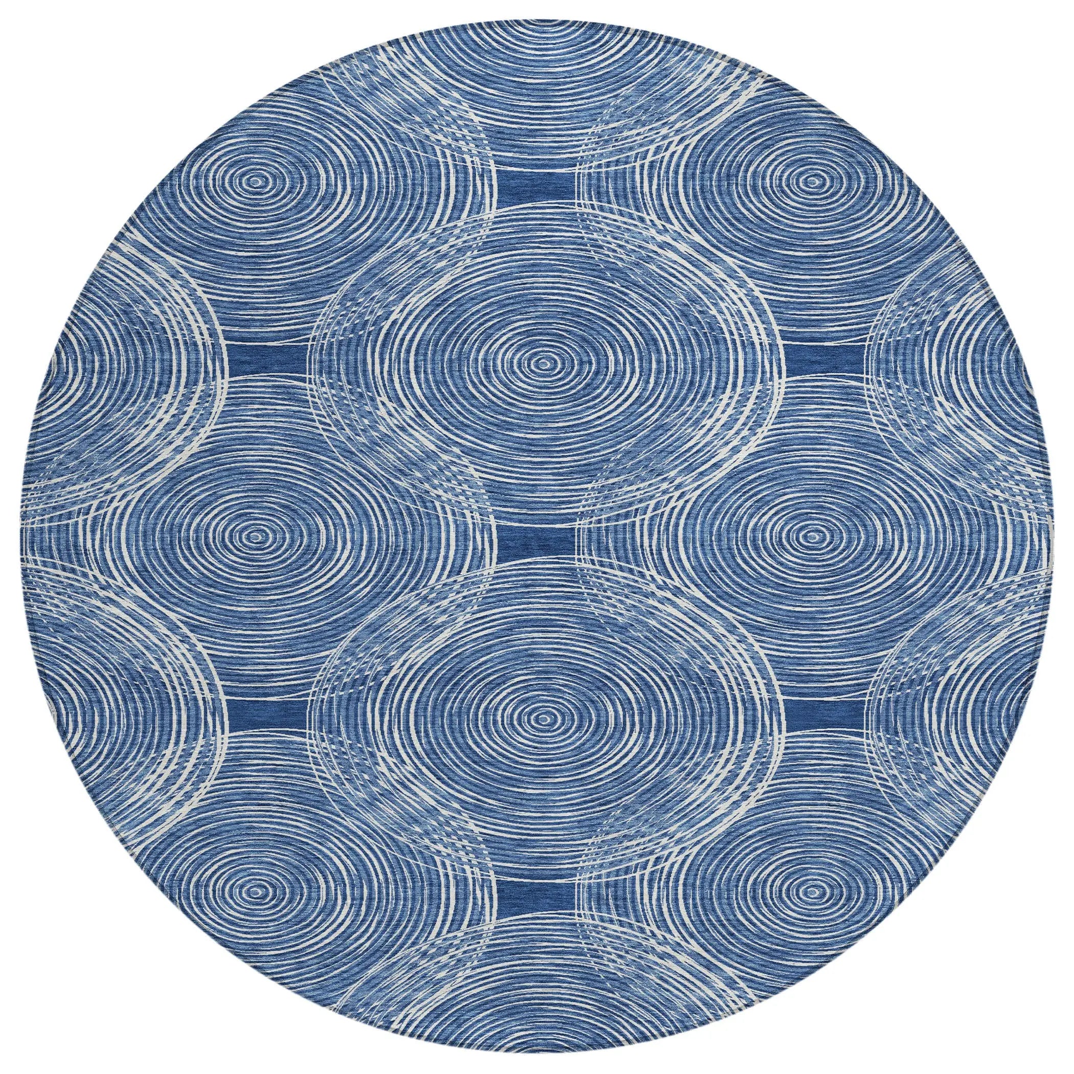 8' Navy Blue And Ivory Round Geometric Washable Indoor Outdoor Area Rug Homeroots Outdoor