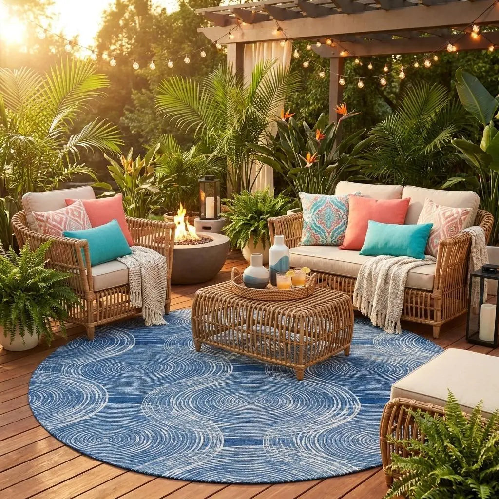 8' Navy Blue And Ivory Round Geometric Washable Indoor Outdoor Area Rug Homeroots Outdoor