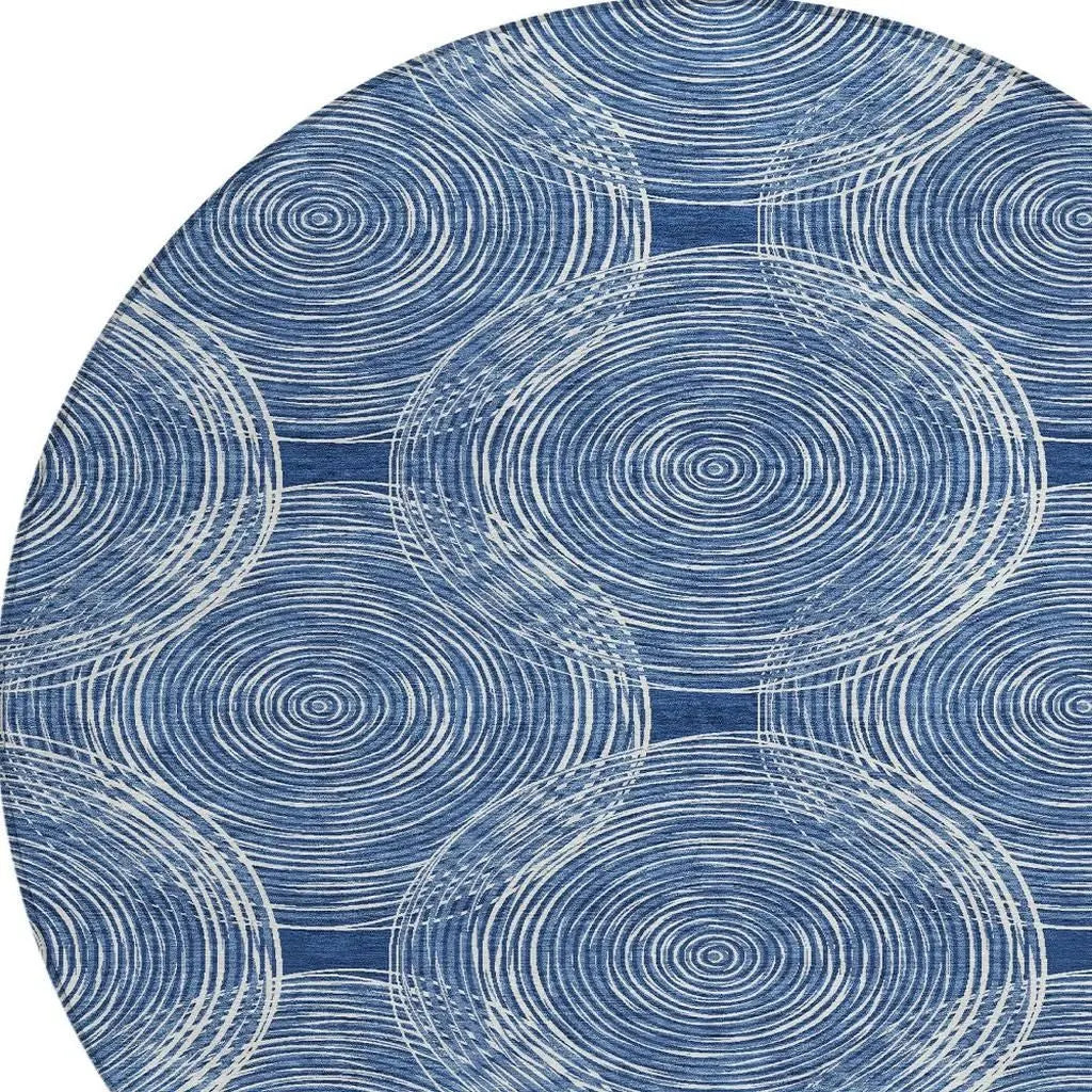 8' Navy Blue And Ivory Round Geometric Washable Indoor Outdoor Area Rug Homeroots Outdoor