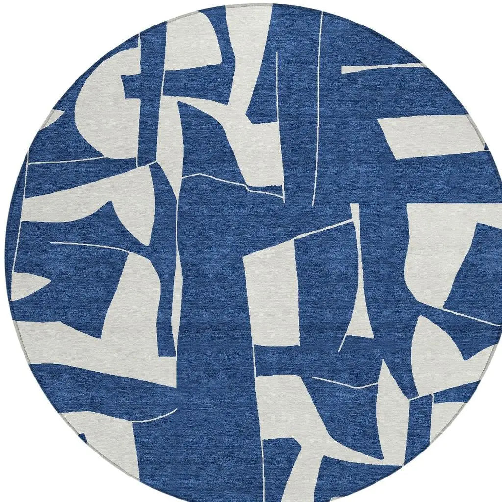 8' Navy Blue And Ivory Round Geometric Washable Indoor Outdoor Area Rug Homeroots Outdoor