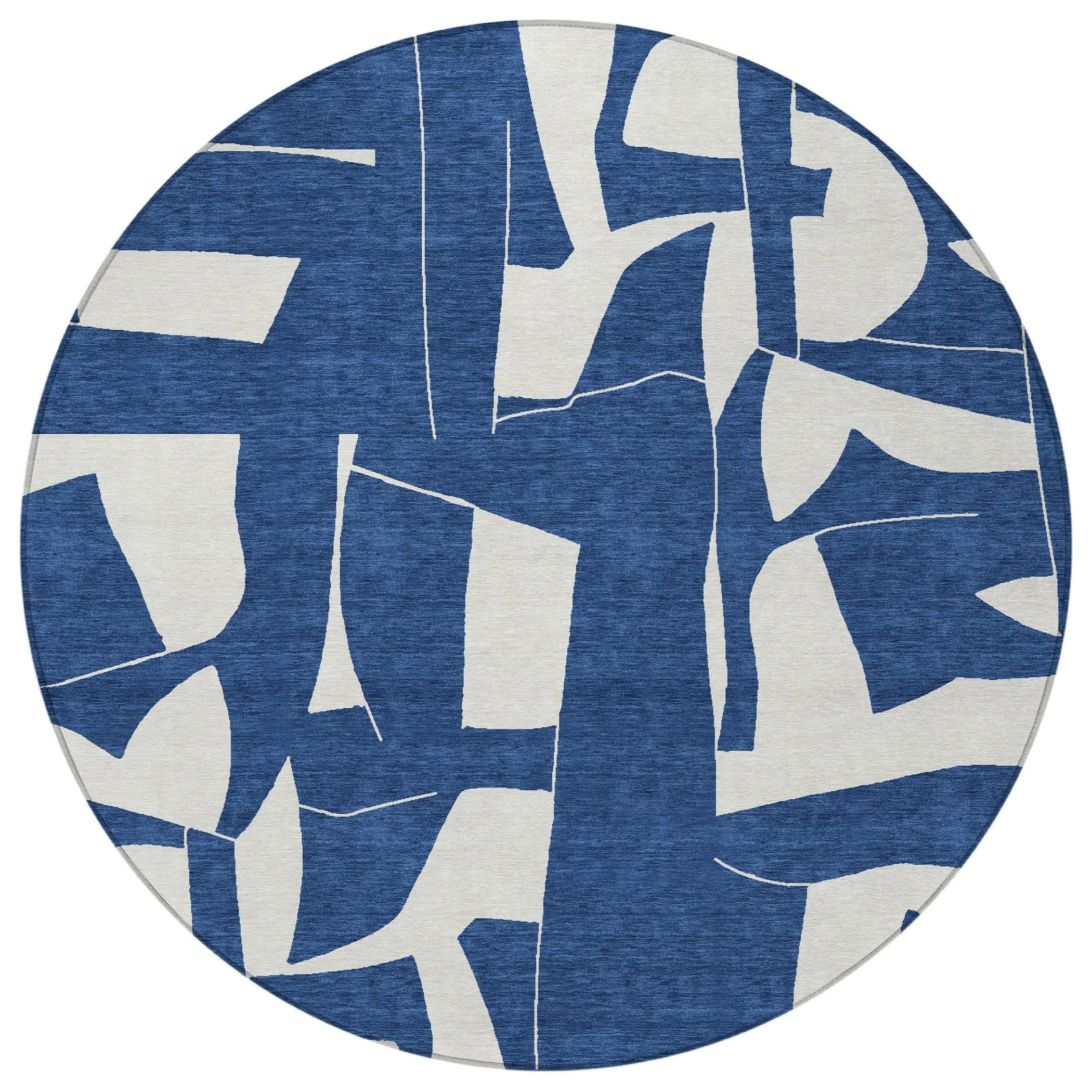 8' Navy Blue And Ivory Round Geometric Washable Indoor Outdoor Area Rug Homeroots Outdoor