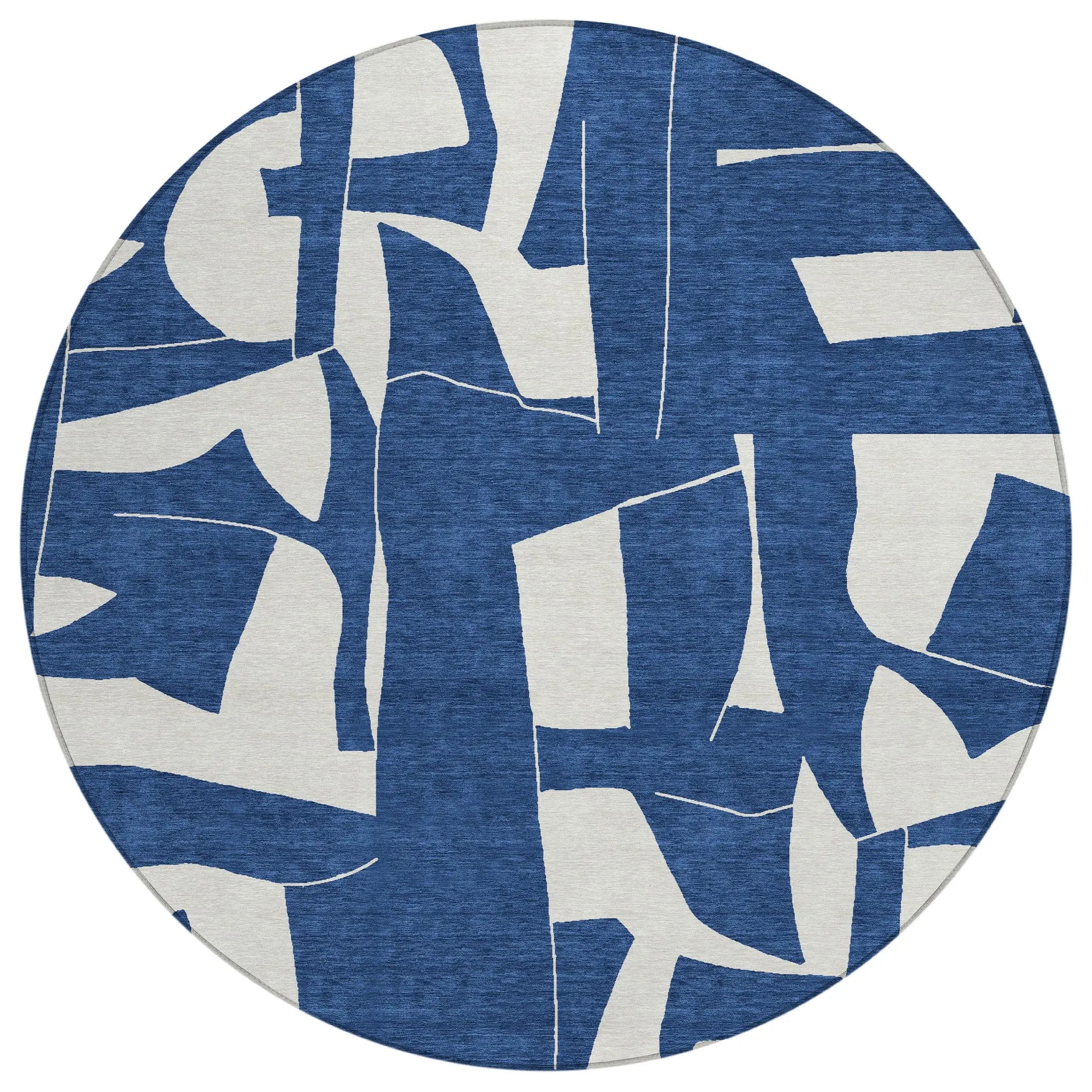8' Navy Blue And Ivory Round Geometric Washable Indoor Outdoor Area Rug Homeroots Outdoor