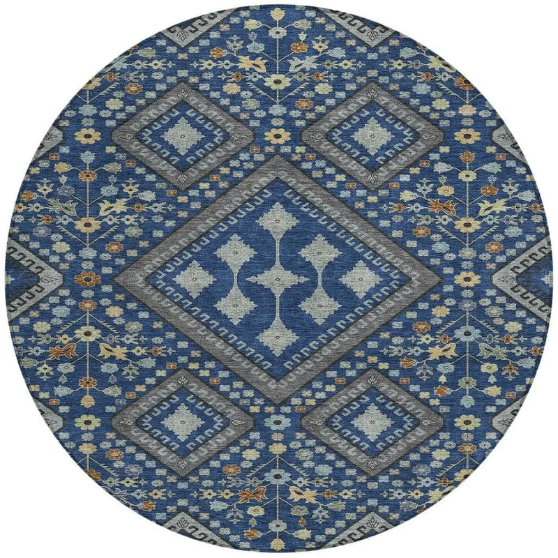 8' Navy Blue And Ivory Round Medallion Washable Indoor Outdoor Area Rug Homeroots Outdoor