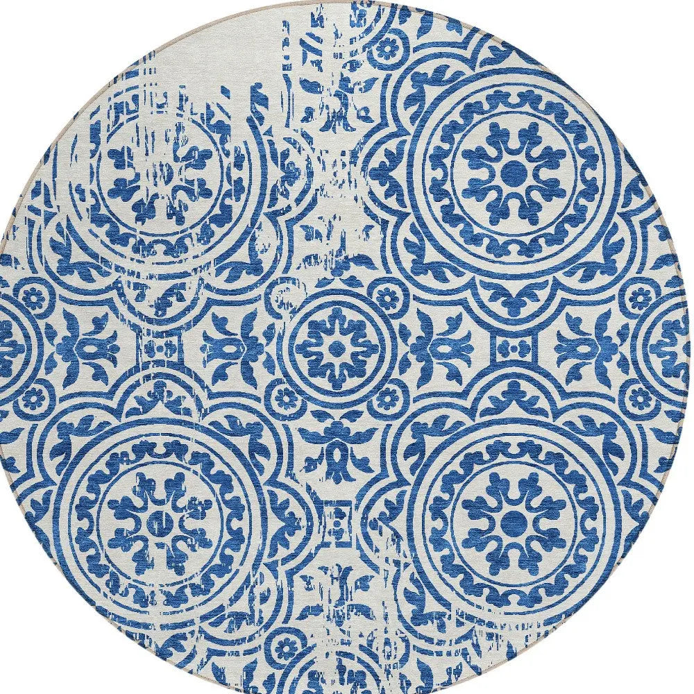 8' Navy Blue And Ivory Round Medallion Washable Indoor Outdoor Area Rug Homeroots Outdoor
