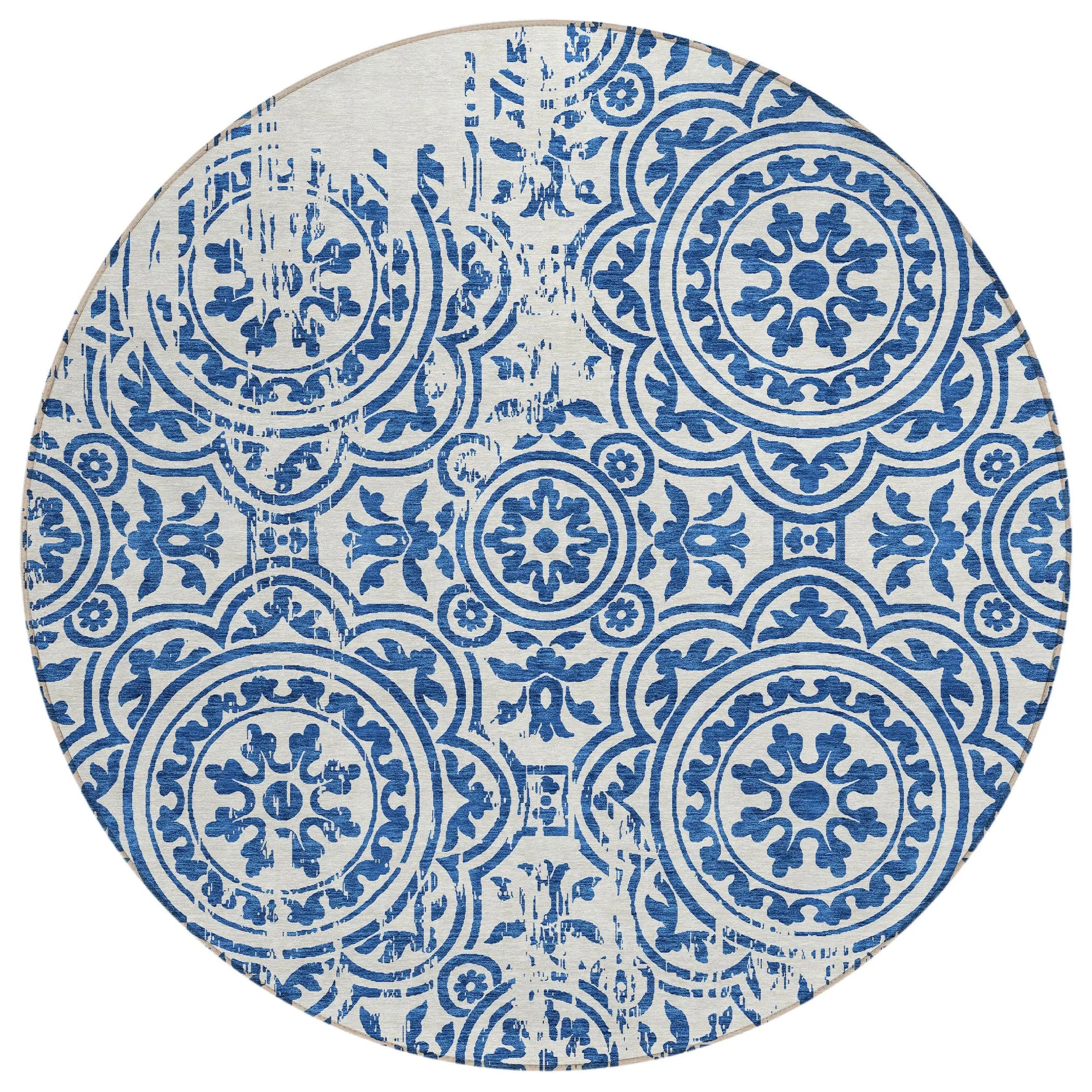 8' Navy Blue And Ivory Round Medallion Washable Indoor Outdoor Area Rug Homeroots Outdoor