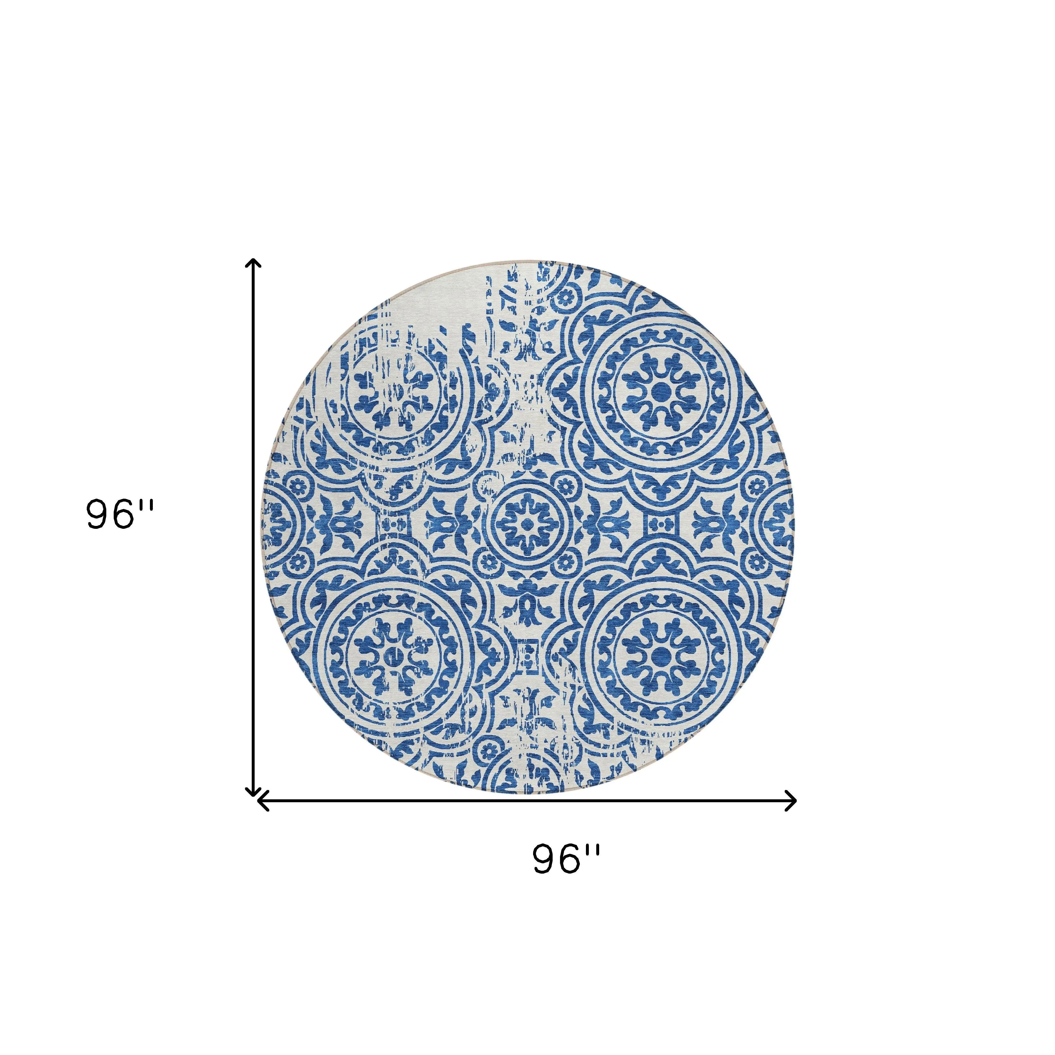 8' Navy Blue And Ivory Round Medallion Washable Indoor Outdoor Area Rug Homeroots Outdoor