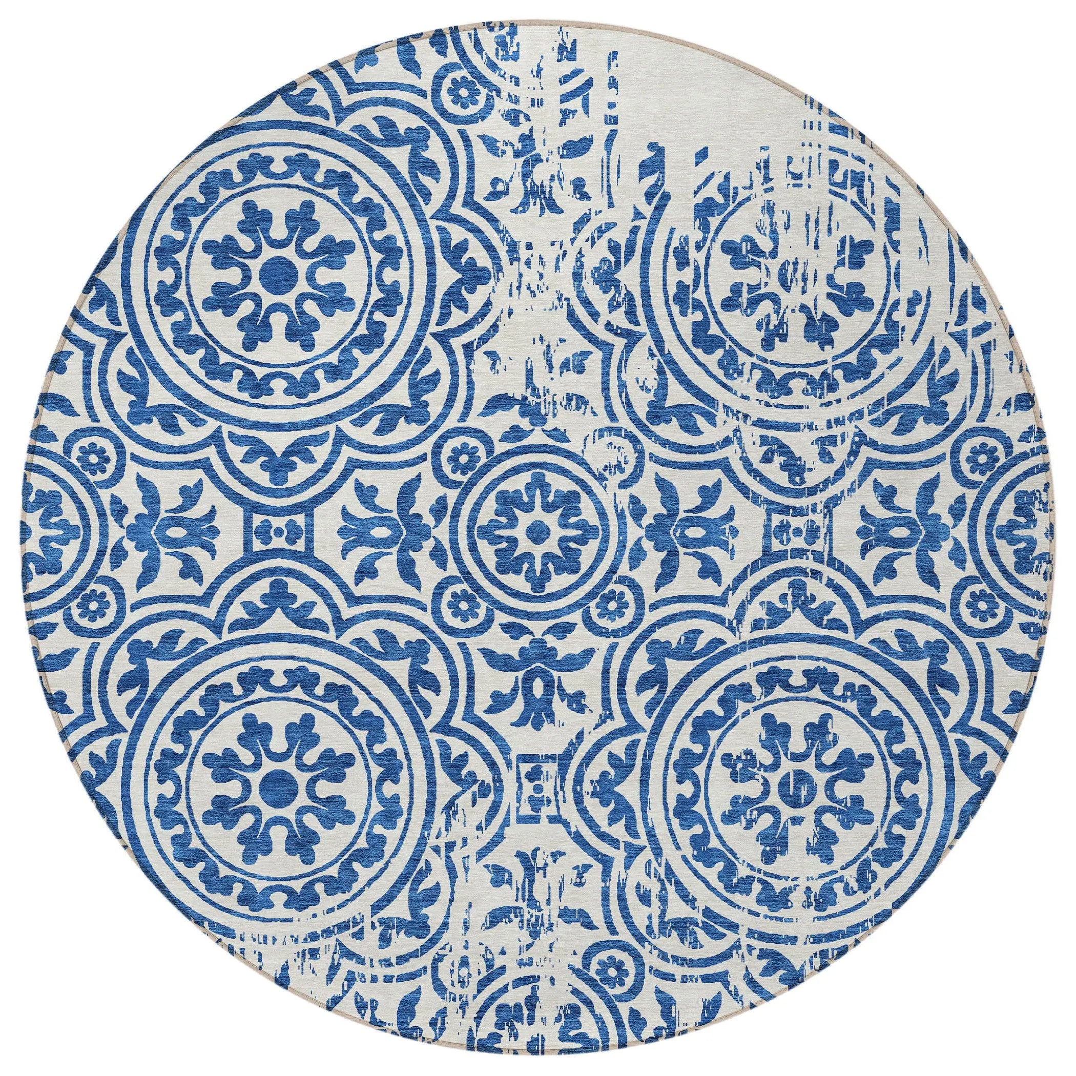 8' Navy Blue And Ivory Round Medallion Washable Indoor Outdoor Area Rug Homeroots Outdoor
