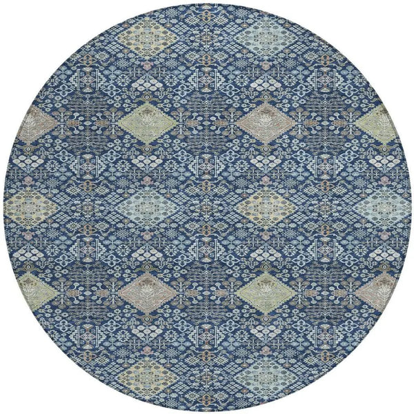 8' Navy Blue And Ivory Round Oriental Washable Indoor Outdoor Area Rug Homeroots Outdoor