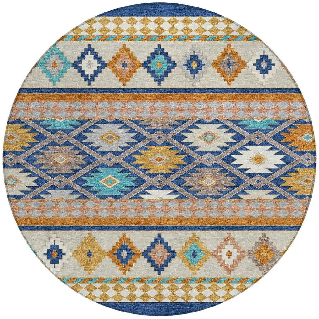 8' Navy Blue And Ivory Round Southwestern Washable Indoor Outdoor Area Rug Homeroots Outdoor