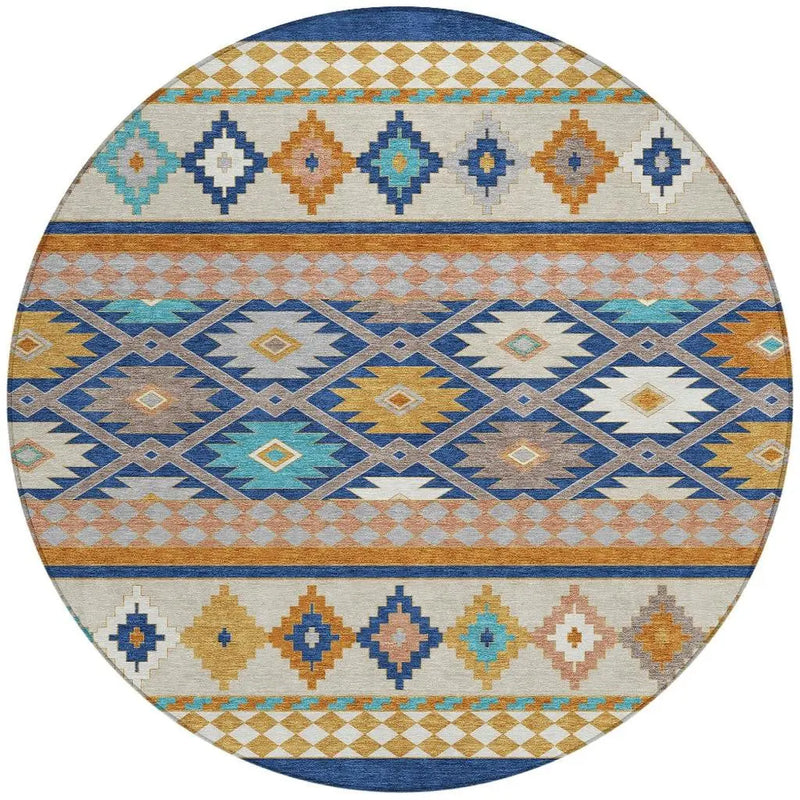 8' Navy Blue And Ivory Round Southwestern Washable Indoor Outdoor Area Rug Homeroots Outdoor