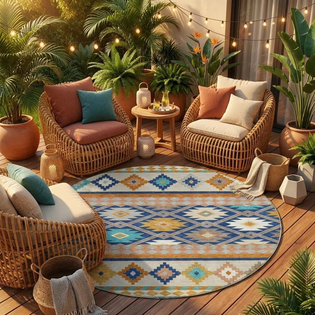 8' Navy Blue And Ivory Round Southwestern Washable Indoor Outdoor Area Rug Homeroots Outdoor