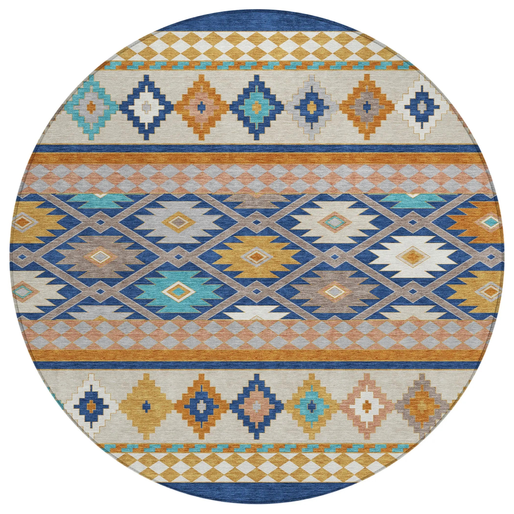 8' Navy Blue And Ivory Round Southwestern Washable Indoor Outdoor Area Rug Homeroots Outdoor