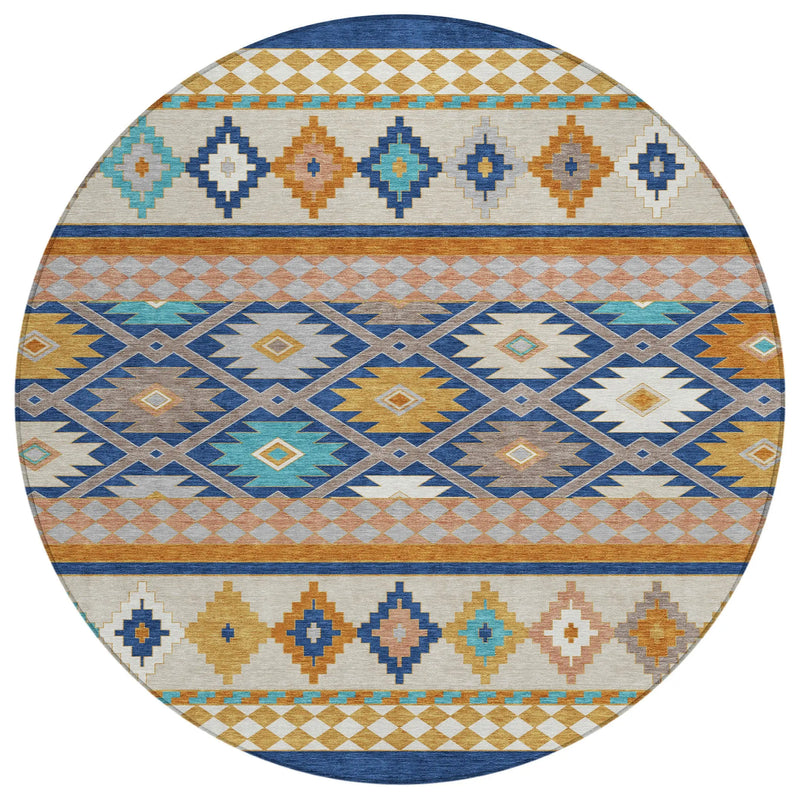 8' Navy Blue And Ivory Round Southwestern Washable Indoor Outdoor Area Rug Homeroots Outdoor