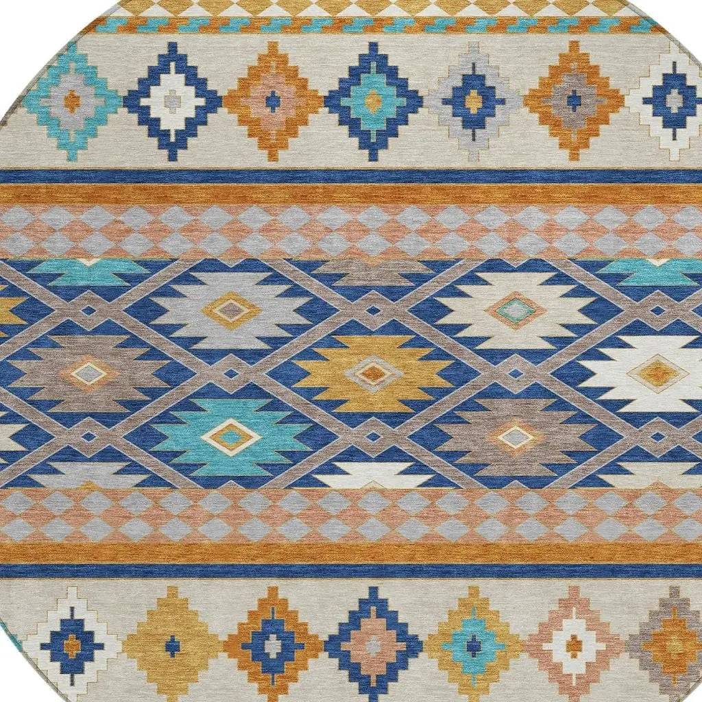 8' Navy Blue And Ivory Round Southwestern Washable Indoor Outdoor Area Rug Homeroots Outdoor