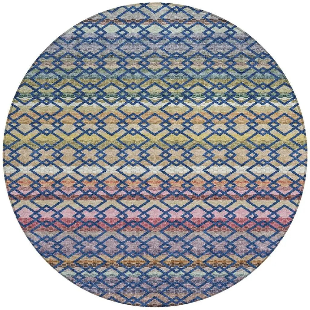 8' Navy Blue And Ivory Round Striped Washable Indoor Outdoor Area Rug Homeroots Outdoor