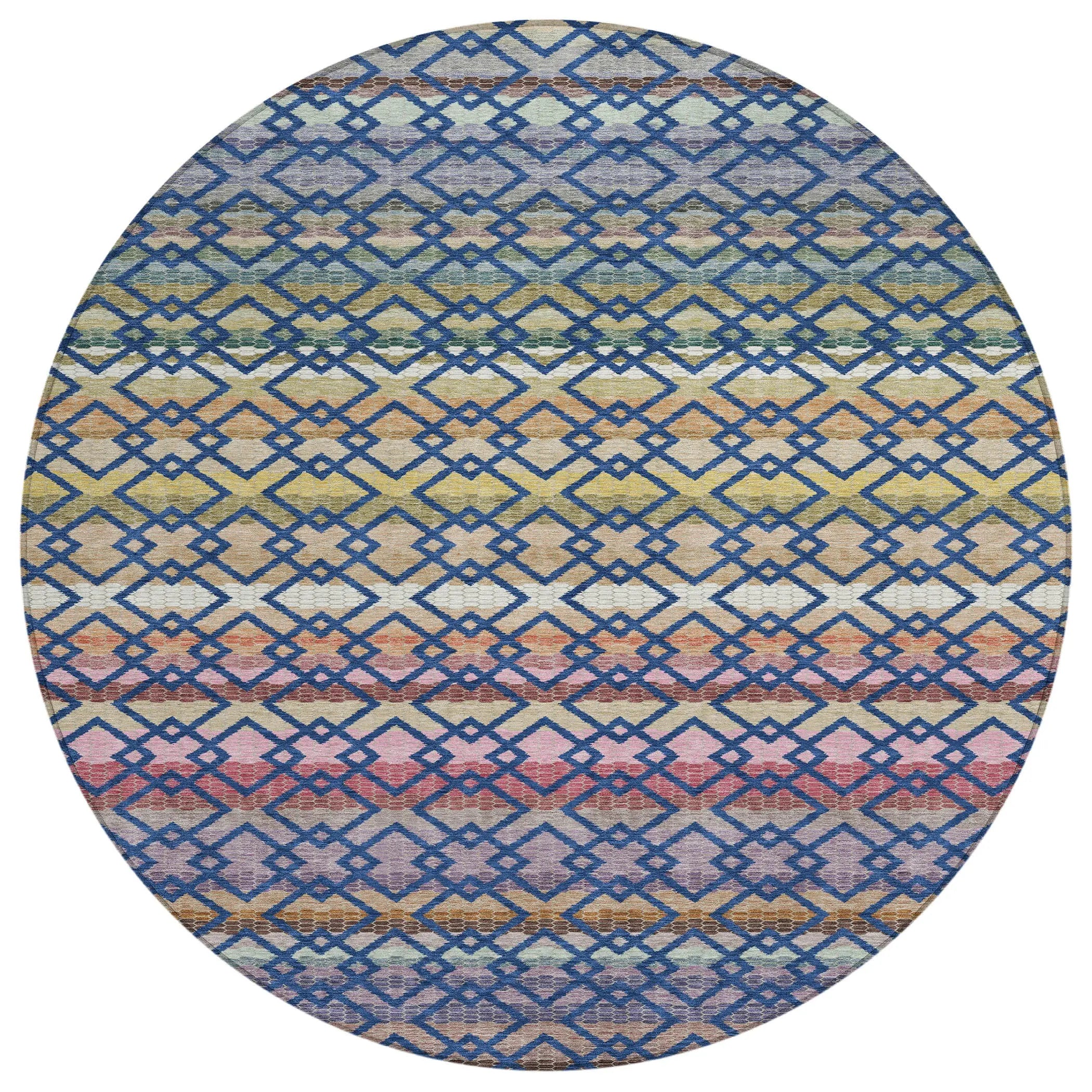 8' Navy Blue And Ivory Round Striped Washable Indoor Outdoor Area Rug Homeroots Outdoor