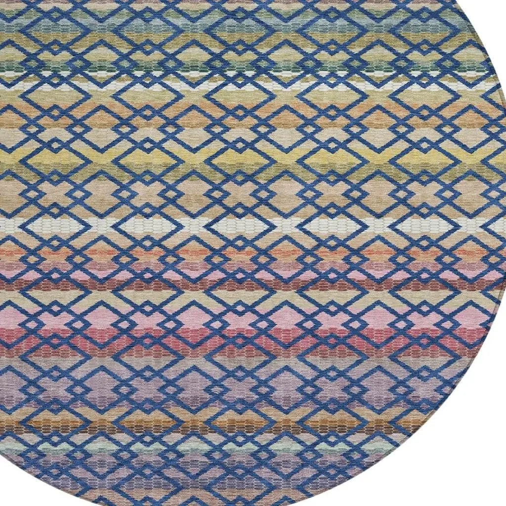 8' Navy Blue And Ivory Round Striped Washable Indoor Outdoor Area Rug Homeroots Outdoor