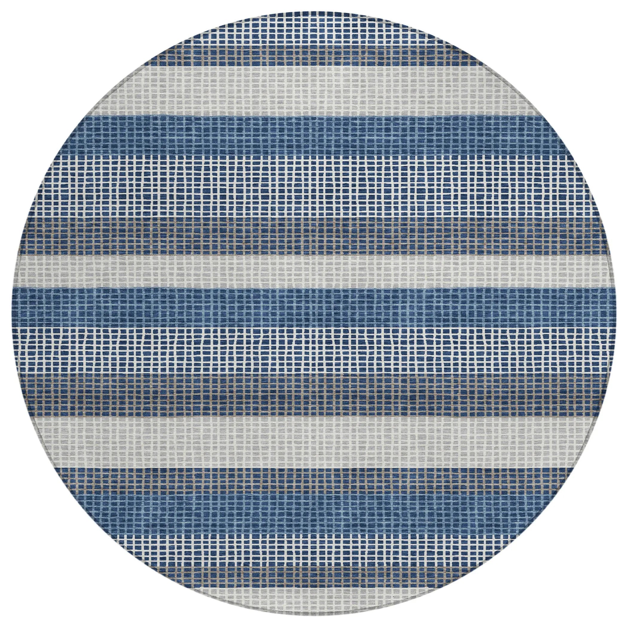 8' Navy Blue And Ivory Round Striped Washable Indoor Outdoor Area Rug Homeroots Outdoor