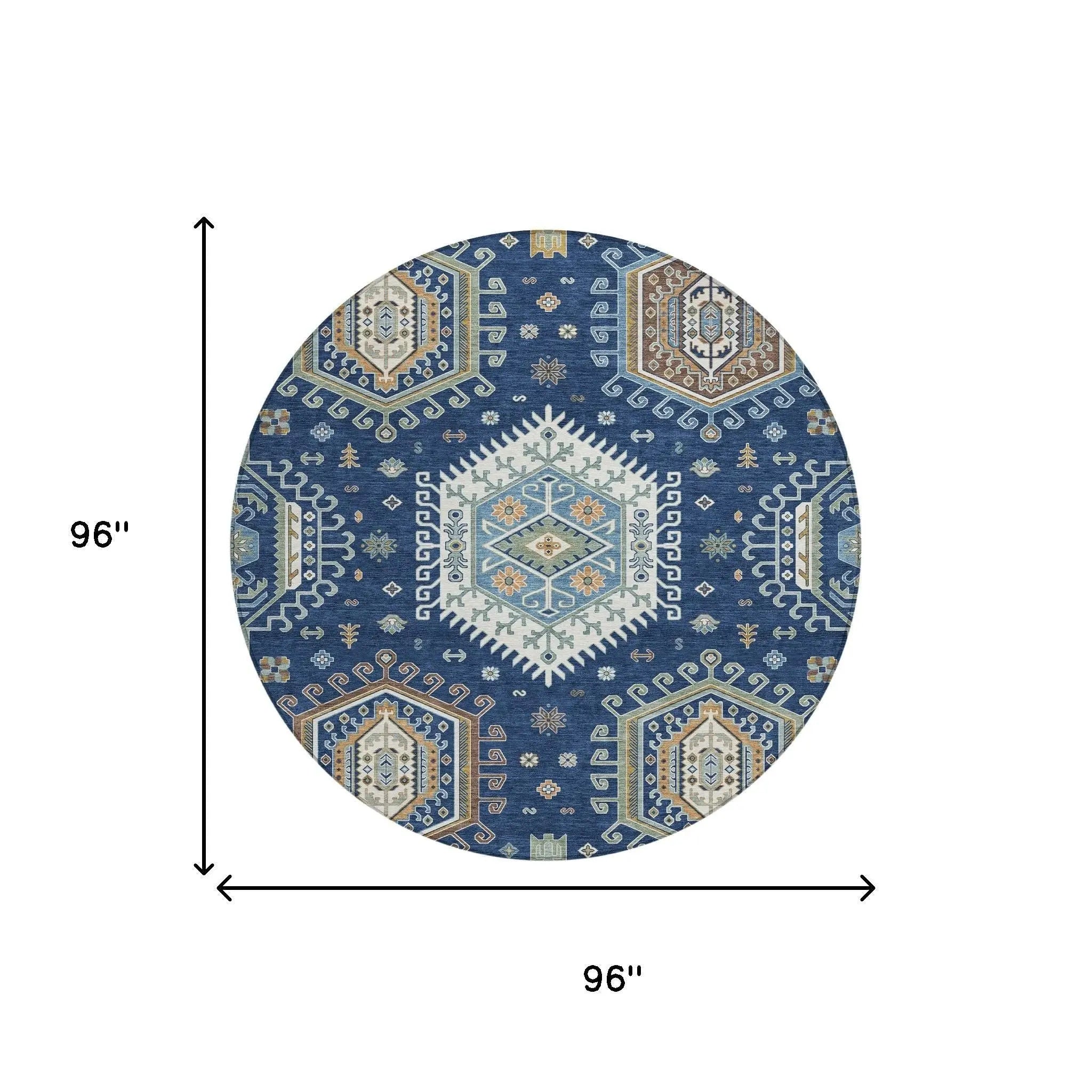 8' Navy Blue And Ivory Round Tribal Washable Indoor Outdoor Area Rug Homeroots Outdoor