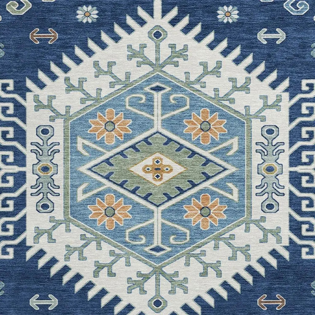 8' Navy Blue And Ivory Round Tribal Washable Indoor Outdoor Area Rug Homeroots Outdoor