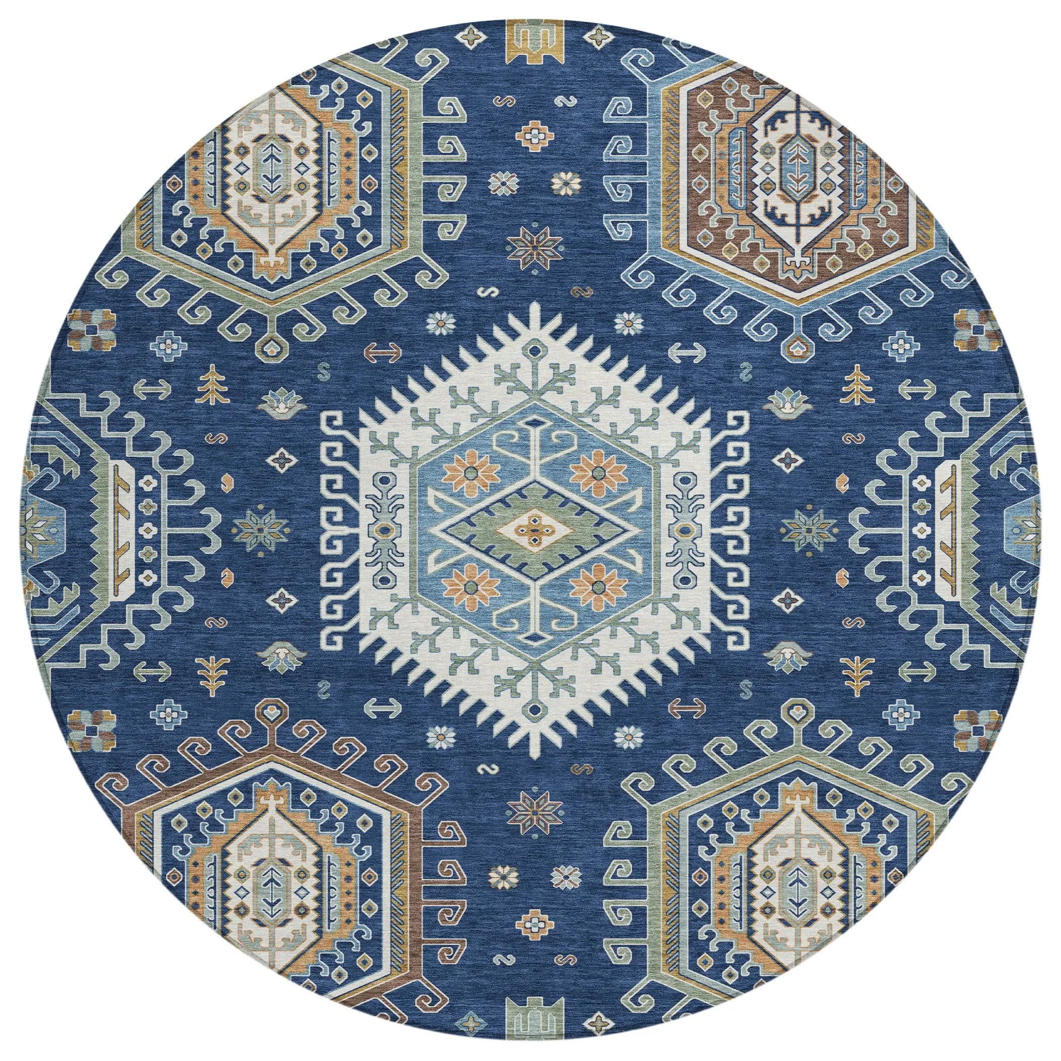 8' Navy Blue And Ivory Round Tribal Washable Indoor Outdoor Area Rug Homeroots Outdoor