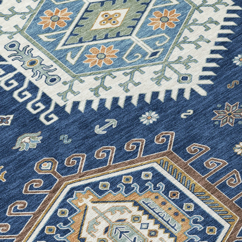 8' Navy Blue And Ivory Round Tribal Washable Indoor Outdoor Area Rug Homeroots Outdoor