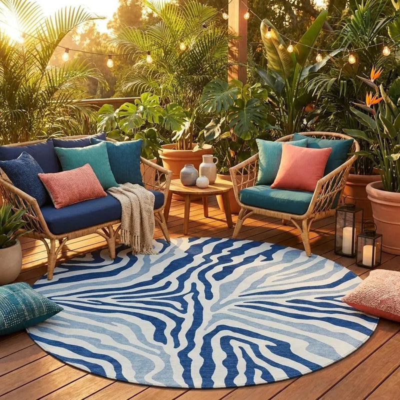 8' Navy Blue And Ivory Round Zebra Print Washable Indoor Outdoor Area Rug Homeroots Outdoor