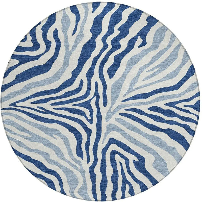 8' Navy Blue And Ivory Round Zebra Print Washable Indoor Outdoor Area Rug Homeroots Outdoor
