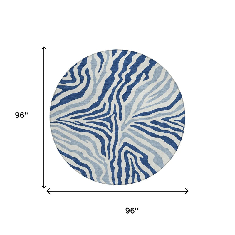 8' Navy Blue And Ivory Round Zebra Print Washable Indoor Outdoor Area Rug Homeroots Outdoor