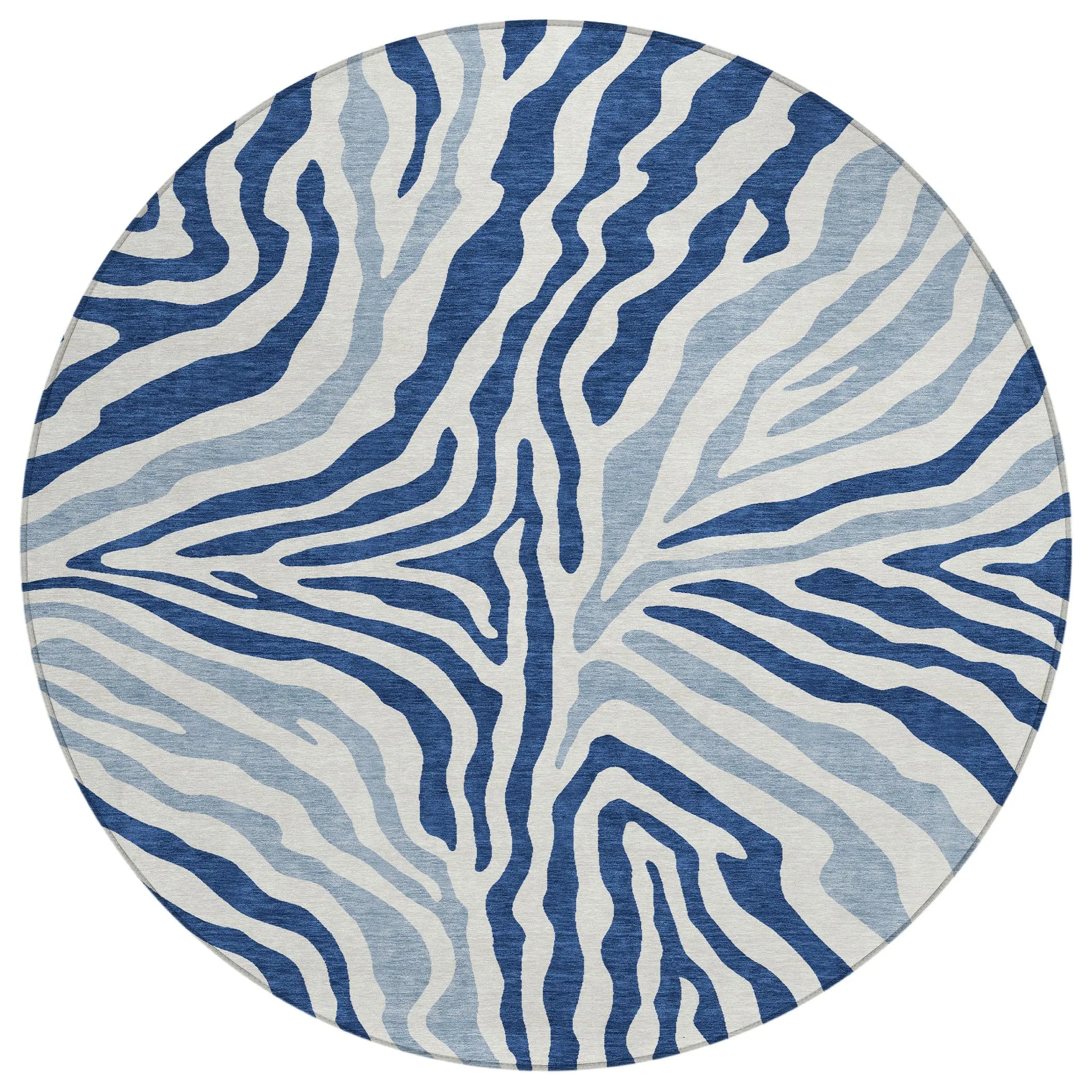 8' Navy Blue And Ivory Round Zebra Print Washable Indoor Outdoor Area Rug Homeroots Outdoor