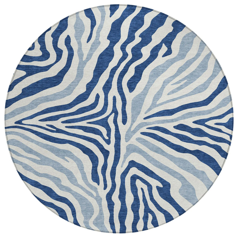 8' Navy Blue And Ivory Round Zebra Print Washable Indoor Outdoor Area Rug Homeroots Outdoor