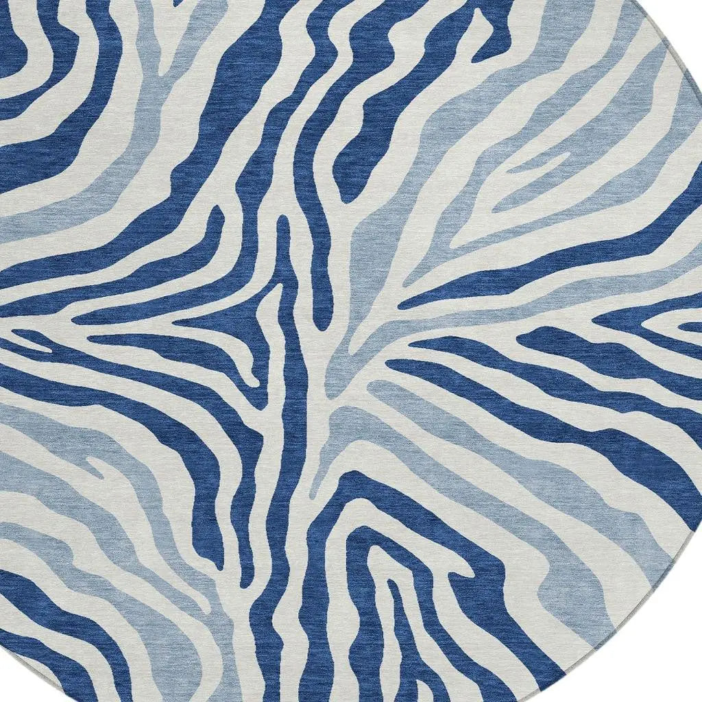 8' Navy Blue And Ivory Round Zebra Print Washable Indoor Outdoor Area Rug Homeroots Outdoor
