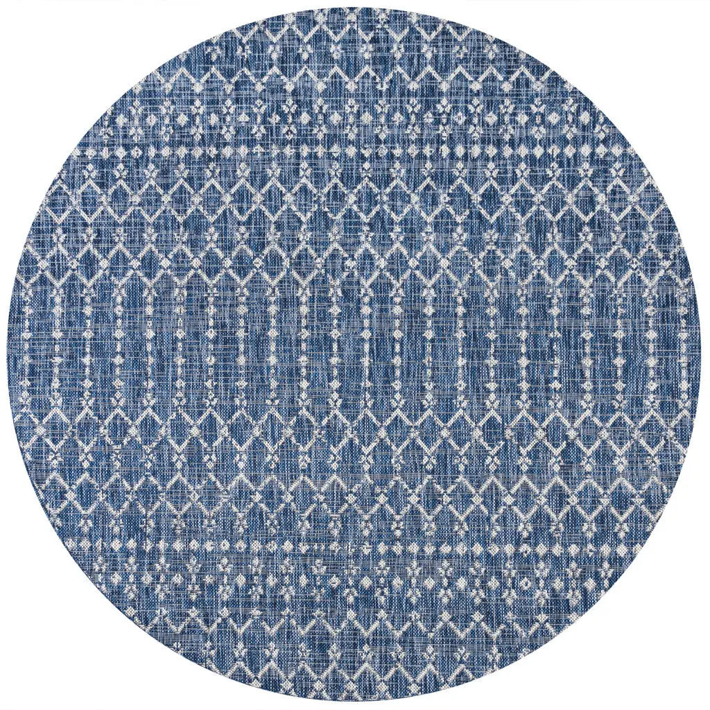 8' Navy Blue And Light Gray Round Trellis Indoor Outdoor Area Rug Homeroots Outdoor