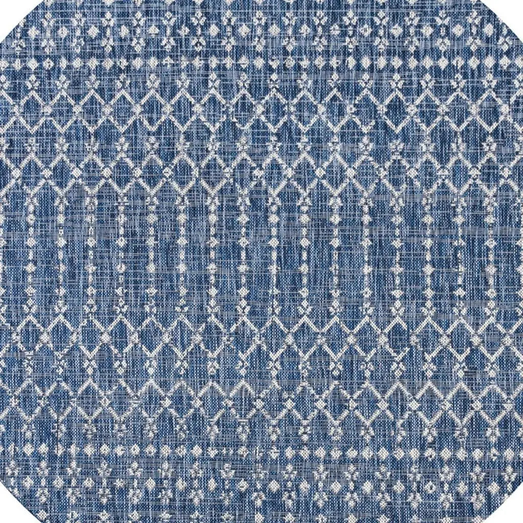 8' Navy Blue And Light Gray Round Trellis Indoor Outdoor Area Rug Homeroots Outdoor