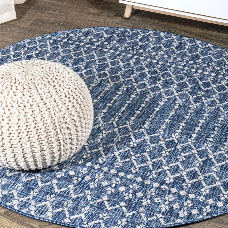 8' Navy Blue And Light Gray Round Trellis Indoor Outdoor Area Rug Homeroots Outdoor