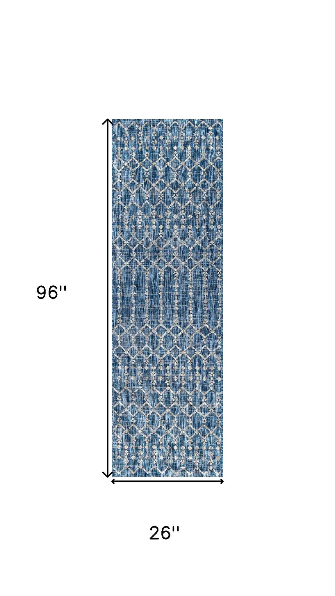 8' Navy Blue And Light Gray Trellis Indoor Outdoor Runner Rug Homeroots Outdoor
