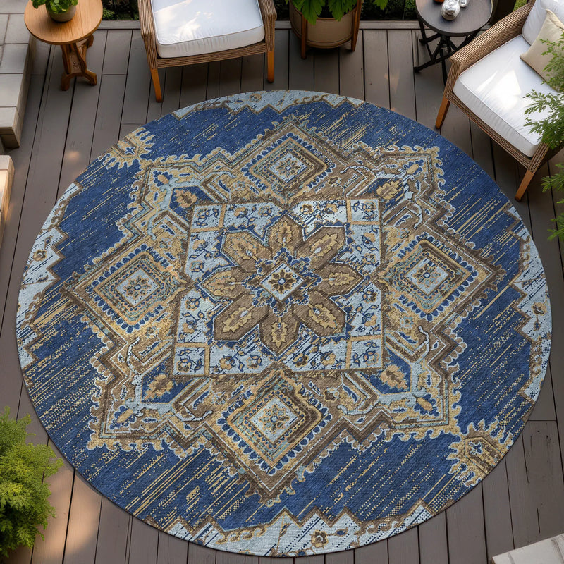 8' Navy Blue And Linen Round Oriental Washable Indoor Outdoor Area Rug Homeroots Outdoor