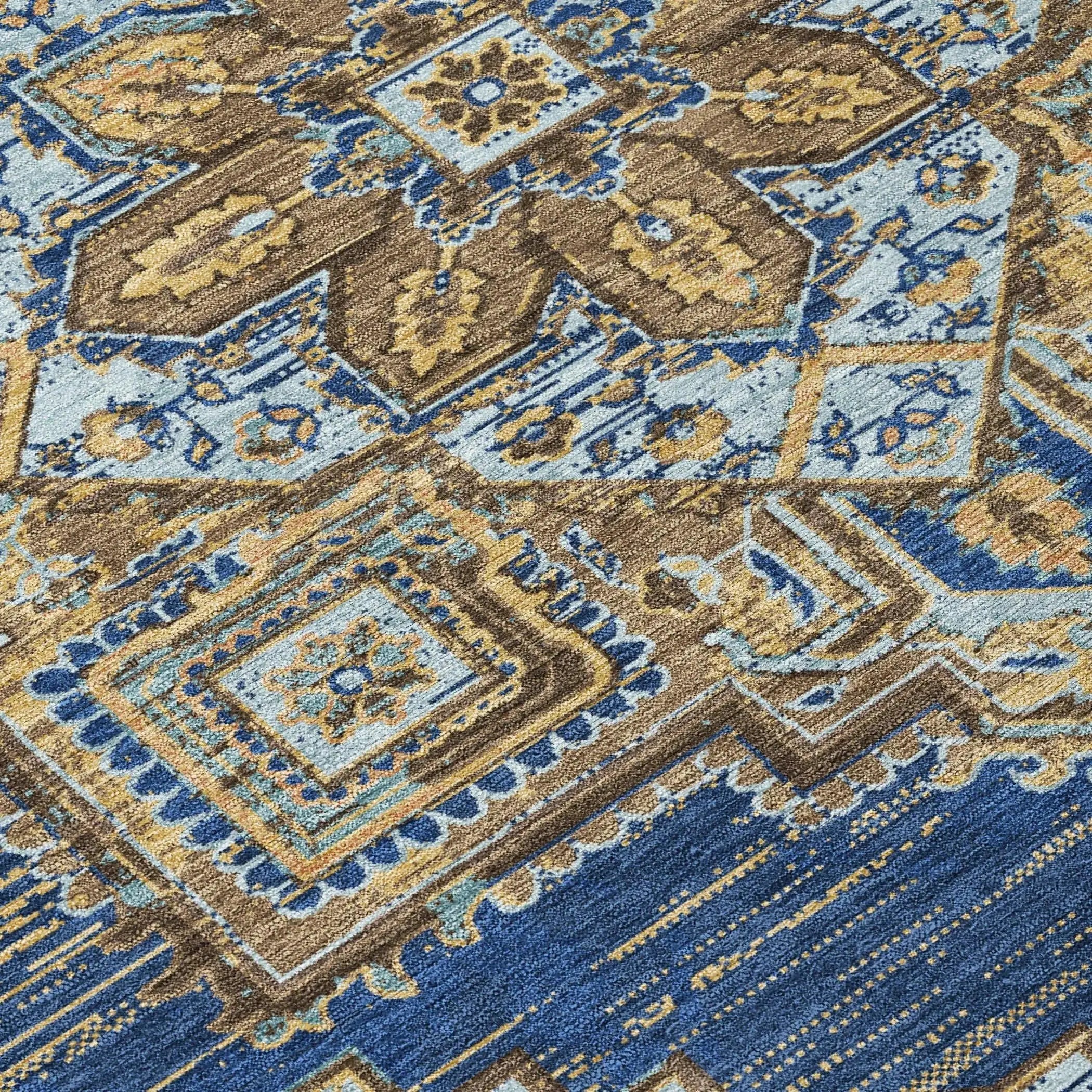8' Navy Blue And Linen Round Oriental Washable Indoor Outdoor Area Rug Homeroots Outdoor