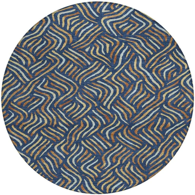 8' Navy Blue And Orange Round Abstract Washable Indoor Outdoor Area Rug Homeroots Outdoor