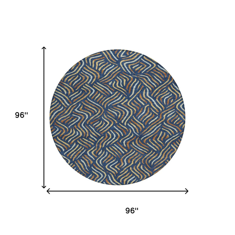 8' Navy Blue And Orange Round Abstract Washable Indoor Outdoor Area Rug Homeroots Outdoor