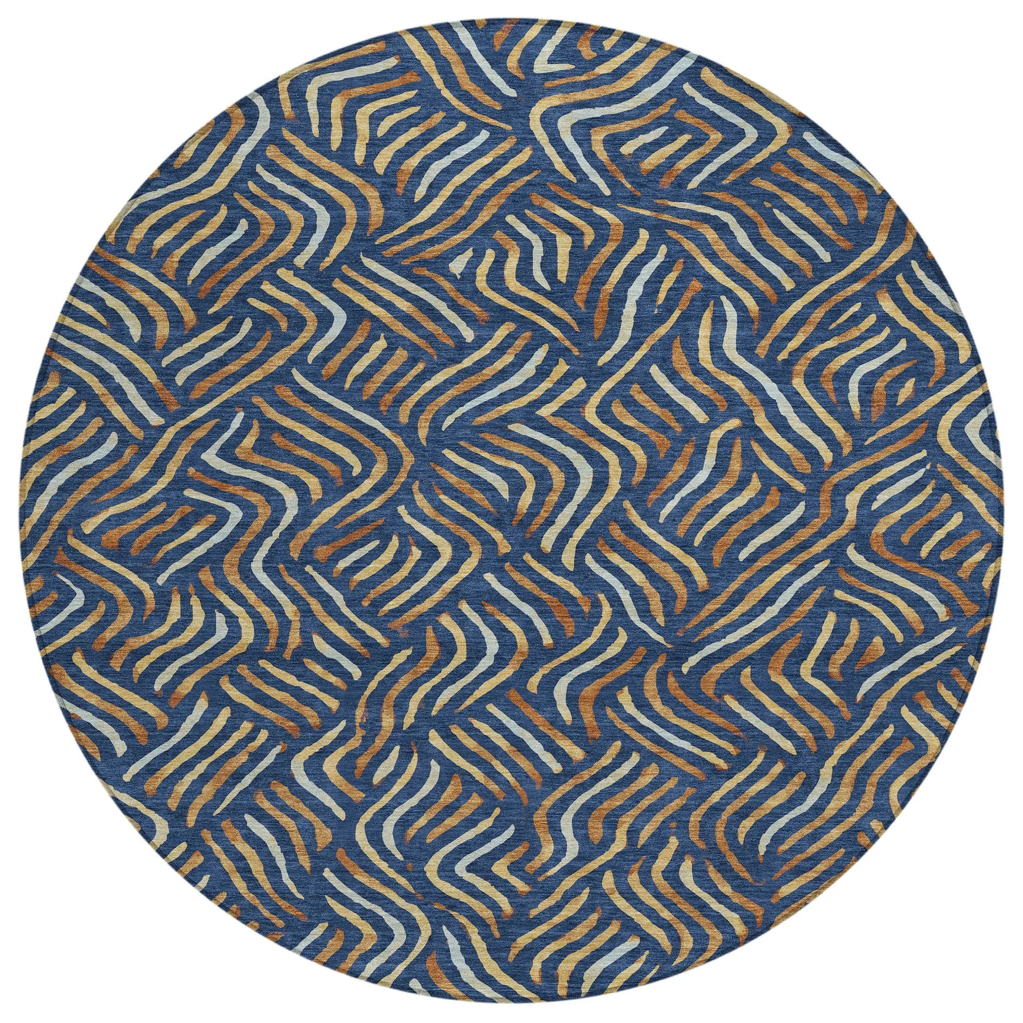 8' Navy Blue And Orange Round Abstract Washable Indoor Outdoor Area Rug Homeroots Outdoor