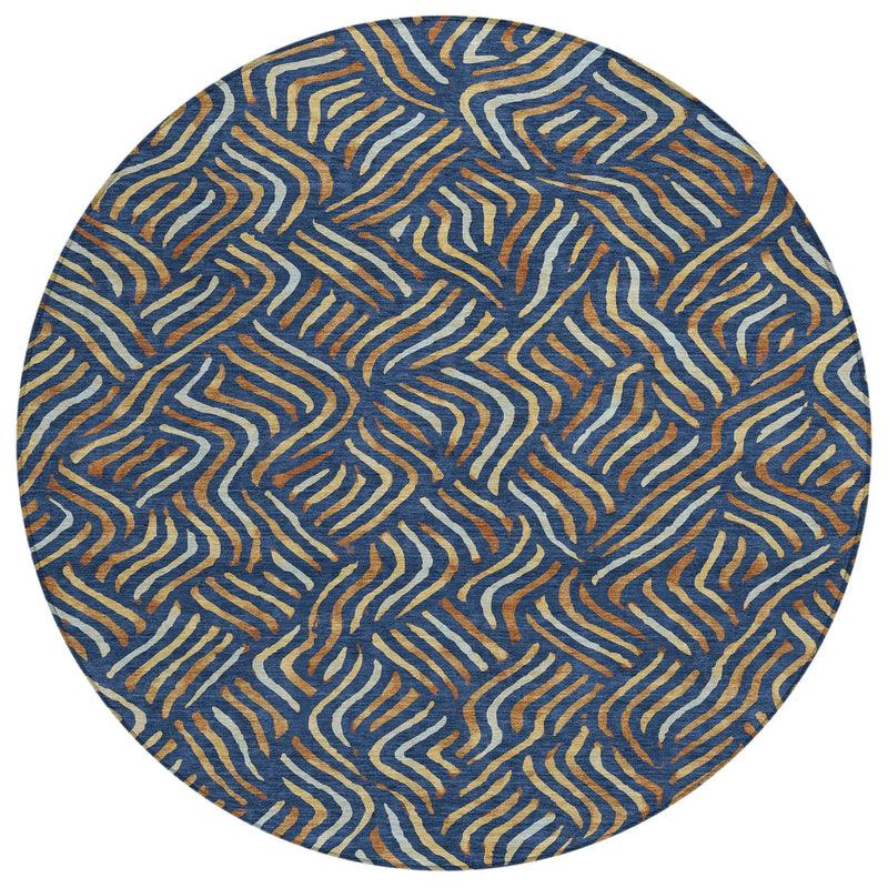 8' Navy Blue And Orange Round Abstract Washable Indoor Outdoor Area Rug Homeroots Outdoor