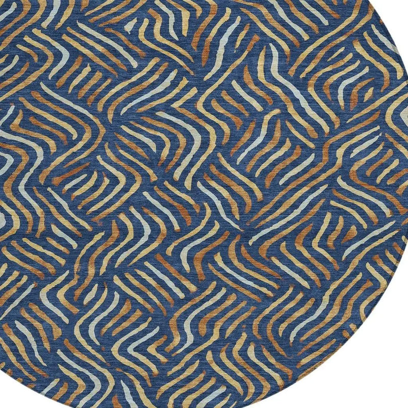 8' Navy Blue And Orange Round Abstract Washable Indoor Outdoor Area Rug Homeroots Outdoor