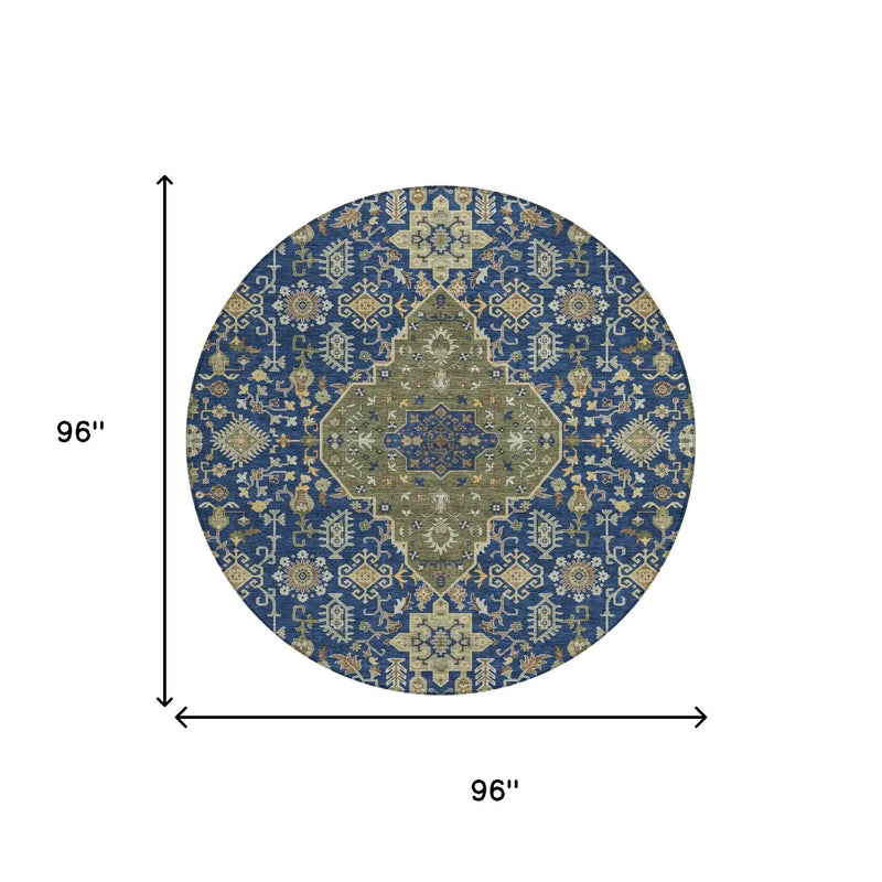 8' Navy Blue And Pewter Round Medallion Washable Indoor Outdoor Area Rug Homeroots Outdoor