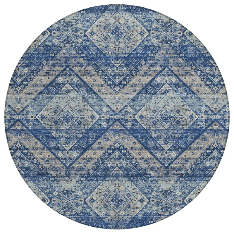 8' Navy Blue And Pink Round Tribal Washable Indoor Outdoor Area Rug Homeroots Outdoor