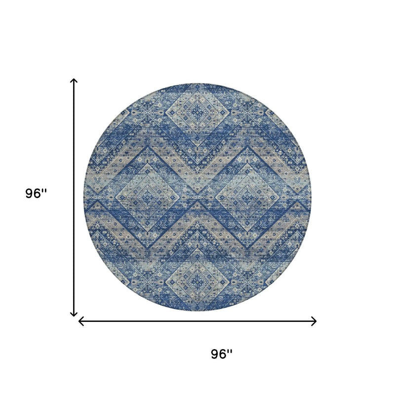 8' Navy Blue And Pink Round Tribal Washable Indoor Outdoor Area Rug Homeroots Outdoor