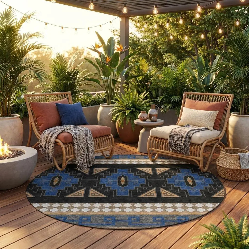 8' Navy Blue And Salmon Round Tribal Washable Indoor Outdoor Area Rug Homeroots Outdoor